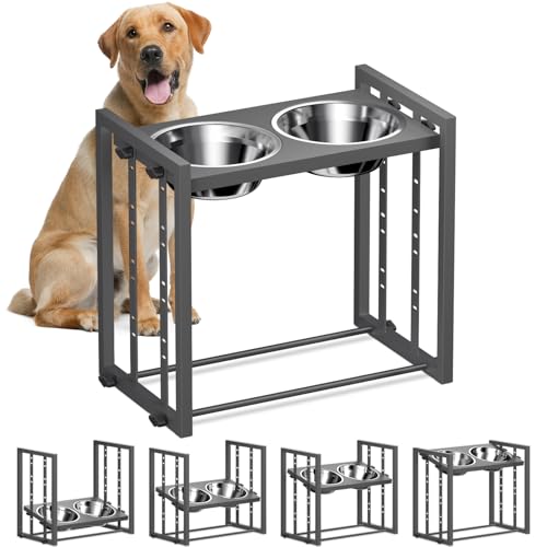 Elevated Dog Bowls for Medium Breed: 4 Height Adjustable Raised Dog Bowl Feeder Station with 2 Stainless Steel Bowls, Grey