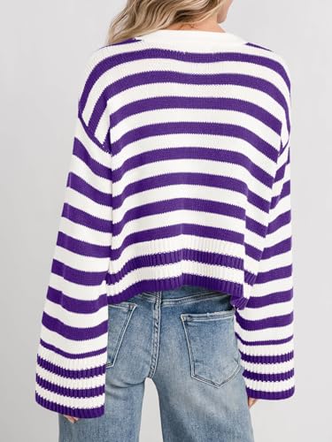 Image of Saodimallsu Womens Striped Cardigan Sweaters Cropped Fall Button Open Front Long Sleeve Knit Sweater Coat with Pockets