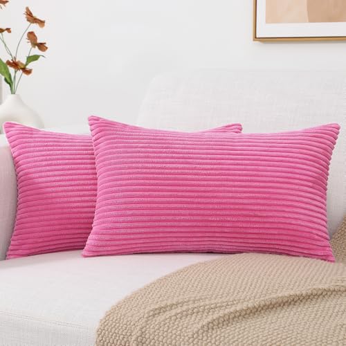 Mecatny Corduroy Decorative Throw Pillow Covers 12x20 Set of 2 for Sofa Bedroom Living Room, Stylish Soft Couch Pillow Covers for Home Decor, Hot Pink