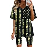 QJDFLL Zweiteilige Outfits für Damen, Kurzarm Oberteile, Kurze Hosen, Laufen, Yoga, Sport Sets(Armeegrün,L)