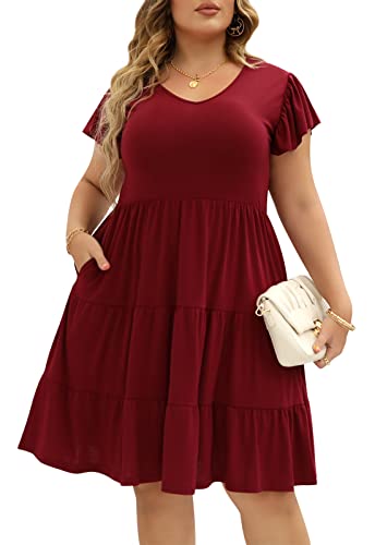 Image of Celkuser Womens Plus Size Summer Casual Midi Dress Short Ruffle Sleeve Tiered Empire Waist T-Shirt Dress with Pockets