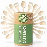 (150 Pcs) Special Edition Compostable Cutlery Set - Disposable Wooden Cutlery Set - Alternative to Plastic, Eco Friendly, Biodegradable, 50 Each Wooden Spoons, Knives, Forks Disposable Utensils Set
