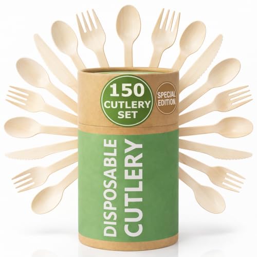 (150 Pcs) Special Edition Compostable Cutlery Set - Disposable Wooden