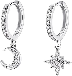 Bo Win 925 Sterling Silver Earrings Star Moon Dangle Earrings Womens Silver Drop Earrings with 3A Cubic Zirconia Silver Hoop Earrings Small Sleeper Silver Hoops Earrings for Women Girls