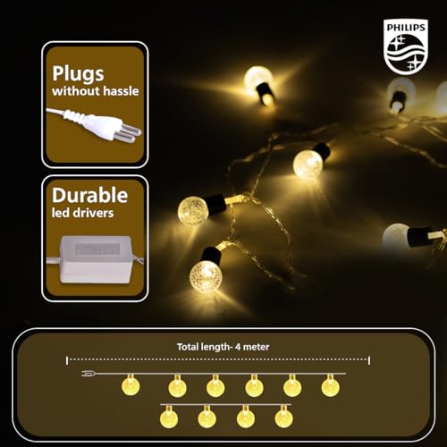 Image of Philips 4M 10 LED Crystal Glow String Light | Decorative Ladi Light for Diwali, Wedding, Festival, Party, Wall & Window Decoration | Warm White, Pack of 1