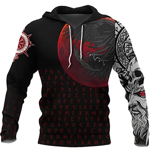 JJLLAZAD Sudadera con Capucha con Tatuaje de Cuervo Odin Vikingo con Estampado 3D, Sudadera Cremallera Completa Bolsillo Grande Informal, Chaqueta Holgada Moda para Hombre,Hoodies,L Cover