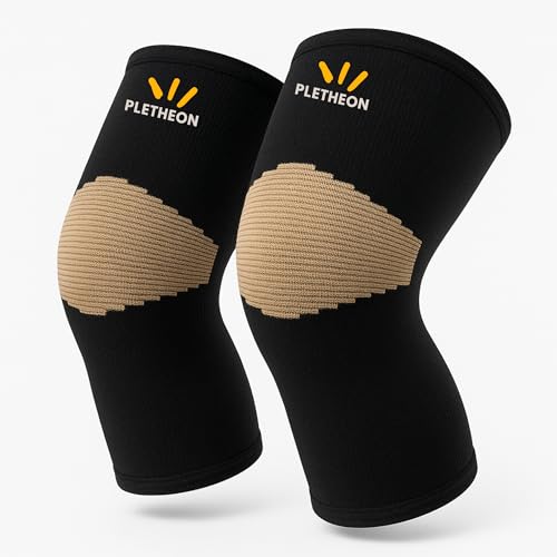 Image of PLETHEON Knee Cap for Pain Relief Men & Women | Compression Knee Support for Gym, Sports & Running | Anti-Slip, Breathable & Sweat-Free Knee Brace for Joint Pain & Injury Recovery (BEIGE-BLACK, XXL)