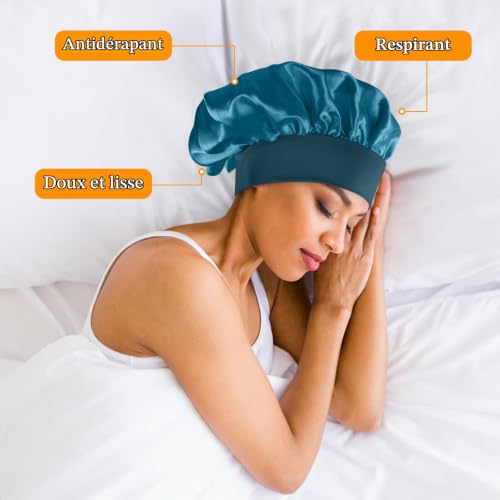 2 Pièces Yisica Bonnet Satin Cheveux Nuit, Ajustable B onnet Soie Cheveux Nuit Élastique bonnet Satin Femme pour Le Soin des Cheveux Bouclés (Noir+Bleu paon) – vue 4