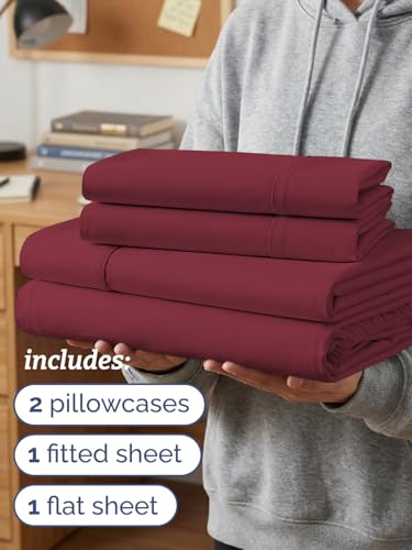 Image of Twin XL 4 Piece Sheet Set - College Dorm Room Essentials - Burgundy | Ultra Soft Dorm Bedding Set, 8 inch to 16 inch Inch Deep Pockets, 1 Flat & 1 Fitted Sheet & 2 Pillowcases, Wrinkle & Fade Free
