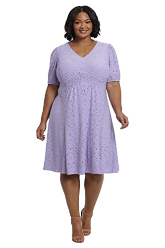 London Times Women's Plus Size V-Neck Smocked Waist Fit And Flare Dress Casual Summer Vacation Easy To Wear, Violet Tulip #TOP3
