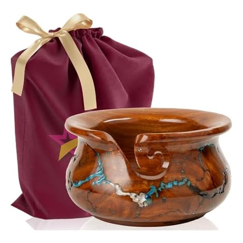 Bhartiya Handicrafts Wooden Yarn Storage Bowl, Large 7x7x4 Inches Knitting Yarn Holder for Crocheting, Crochet Bowl with Fractal Wood Burning & Resin Artwork (P-Multi) Cover