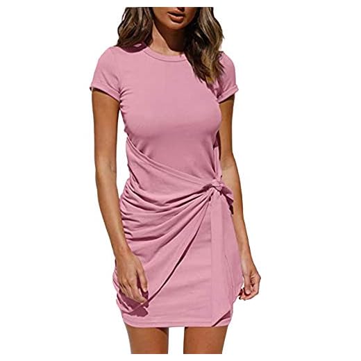 Ärmlös miniklänning, knytbar bodycon-klänning, damer, slim fit, festklänning, T-shirtklänning, Rosa kortärmad, XXL