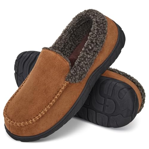 Image of Men's Moccasin House Slippers Memory Foam Suede Plush Indoor Bedroom Shoes | Fuzzy Non-Slip Warm Winter Comfy Cowboy Slippers for Indoor Outdoor Home Dad Husband Grandpa Gifts Black Brown Grey