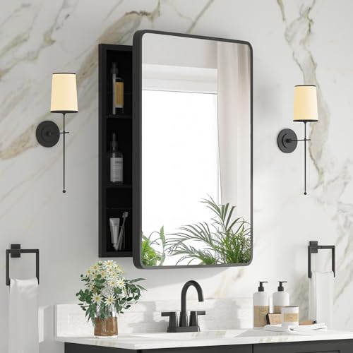 YTSMIR Medicine Cabinet with Mirror, 20x26 Inch Black Bathroom Mirrored Cabinet, Metal Framed Wall Cabinet with Beveled Mirror, Modern Surface Mount or Recessed Medicine Cabinet with Storage