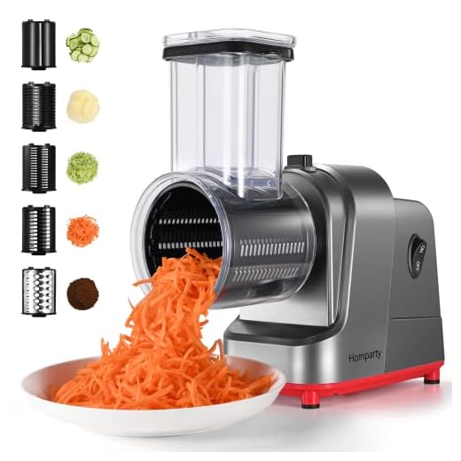 Homparty Electric Cheese Grater, 250W Professional Electric Slicer Shredder, Electric Salad Machine for Fruits, Vegetables, Cheeses, Salad Maker with 5 Free Attachments, Upgraded in 2023