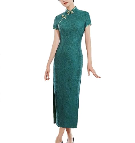 keephen Vintage Chinese Style Split Long Cheongsam Women Lace Embroidery Slim Qipao Maxi Dress