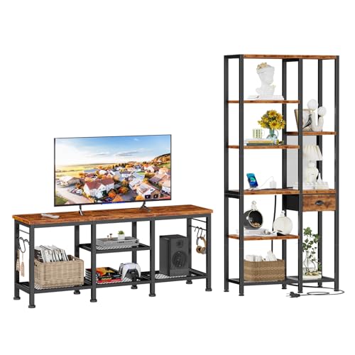 Image of Furologee 6-Tier Bookshelf with Charging Station and TV Stand for TVs up to 55 Inch, Double Display Shelf with Drawer,Console Table with Soundbar Shelf for Living Room, Bedroom, Rustic Brown