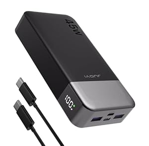 JUOVI Tragbare Powerbank 20000mAh Schnellladefunktion, 45W Akku Pack Power Bank Schnellladen 2 USB-C 2 USB-A mit LED-Anzeige, Akkubank Kompatibel mit Phone, Laptop, Tablet, Notebook J2621 (Schwarz)