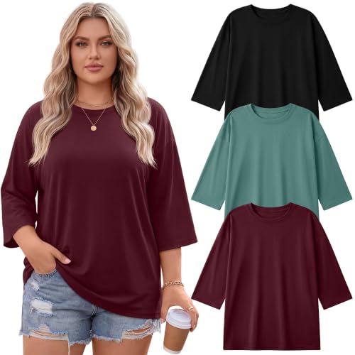 Image of Locoowai 3 Pack Women Plus Size Tops 3 /4 Sleeve Cotton Crew Neck Oversized T Shirts Loose Fit Tee Tunic Casual Blouse