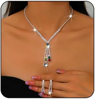 Prom Wedding Jewelry Set for Women Sparkling Rhinestone Earrings Necklace Set Elegant Crystal Earrings Necklace Sets Bridal Wedding Prom Party Costume Jewelry for Women