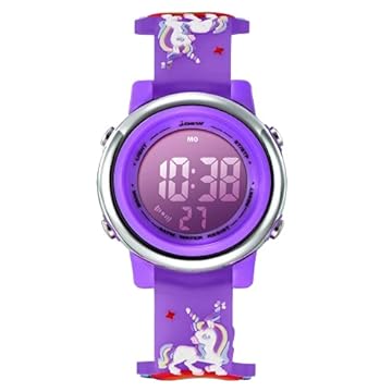 L LAVAREDO Relógios infantis para meninas de 3 a 12 anos, à prova d'água, 3D, fofo, desenho animado, digital, 7 luzes coloridas, relógio de pulso para crianças, Kirin - roxo, Digital