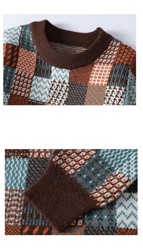 Men Casual Round Neck Knitted Sweater American Style Pullover Jumpers Loose Plaid Sweaters3