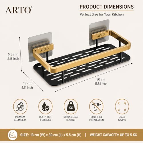 Image of Arto Wall Mounted Shelf | Self-Adhesive Aluminium Rack for Bathroom & Kitchen | Drill-Free, Rustproof, Heavy Duty Holder | 13x30x5.5 cm | Black /Gold (POF-2)