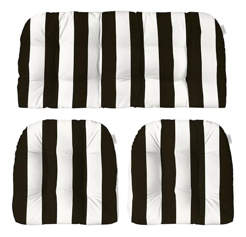 Resort Spa Home Decor Indoor Outdoor Black & White Striped Cushions for Wicker Loveseat Settee & 2 Matching Chair Cushions | 41