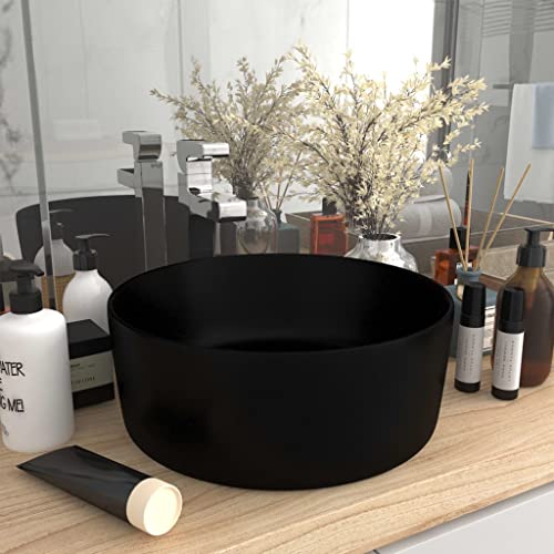Ceramic Round Shape Vessel Sink, Bathroom Sink Above Counter, Hand Wash Basin, Vanity Washing Bowl, Counter Top Sink, Matt Black 40x15 cm