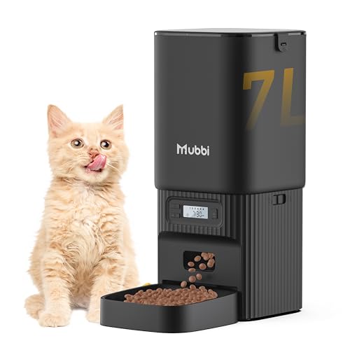 Automatic Cat Feeder, 7L/29 Cups Automatic Dog Feeder with Desiccant Bag, 1-6 Meals Ideal for 2-15mm Dry Food, Suitble for Multiple Pets, Dual Power Supply, Detachable Washable, Black