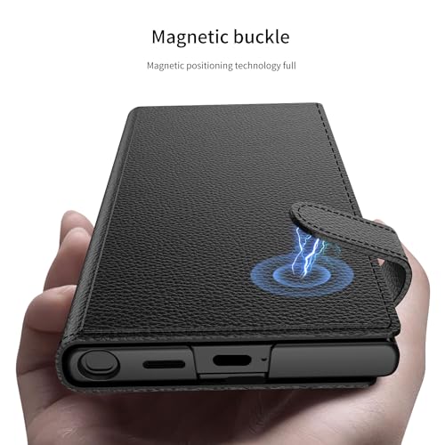 Image of Midkart Leather Flip Cover Compatible with Samsung Galaxy S23 Ultra with Card Holder Built-in Kickstand Magnetic Belt Lock Inner Hard PC with Full Body and Camera Protection, Black