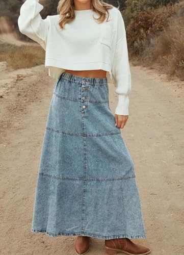 Jupe maxi jean patchwork à taille élastique qui sublime votre silhouette
