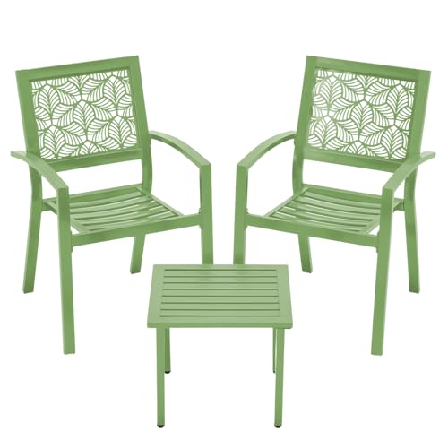 BUPPLEE 3 Piece Patio Bistro Set, Outdoor Steel Furniture Set, Stackable Modern Conversation Sets for Balcony Garden Deck Patio w/2 Chairs 1 Table, Sauge Green