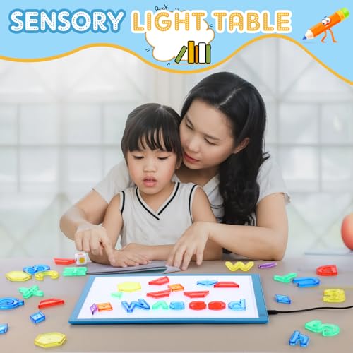 Blueweenly Sensory Light Table 208 Pcs Translucent Letter Number Math Blocks with LED Light Box Back to School Learning Toys Alphabet Geometry Manipulatives for Kids Kindergarten Classroom(Blue) - Image 6