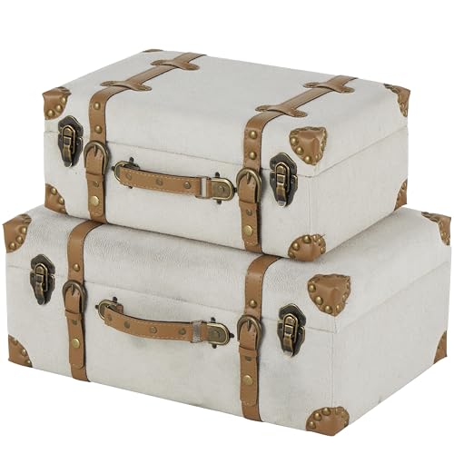 Image of Deco 79 Wooden Decorative Trunk Vintage Storage Decorative Large Boxes with Brown Leather Accents and Bronze Latches, Set of 2 Storage Trunks 20 inch, 16 inch H, Light Gray