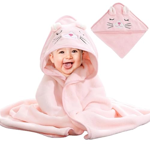 YTPAFK Bath Towel With Hood, Towels Newborn Girl, Absorbent Hooded Towel Newborn, Ultra Soft Cute Animal Design for Newborn Boy And Girl（Pink Cat