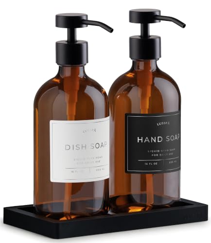Glass Soap Dispenser Set of 2 (Amber) with Silicone Tray | Hand and Dish Soap Dispenser for Kitchen and Bathroom | 16.8 Oz Glass Bottles with Stainless Steel Pump & 15 Waterproof Labels (Amber/Black) - image 1