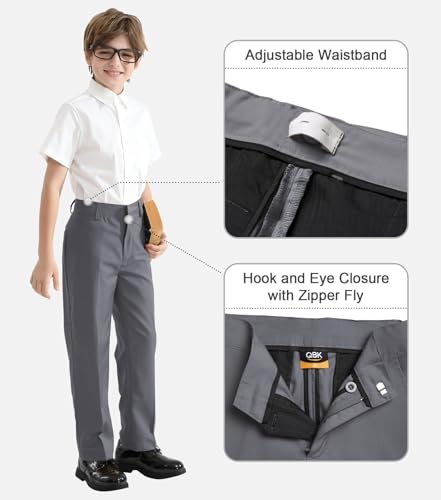 Image of QBK Boys Flat Front Dress Pants Uniform Pants Adjustable Waistband for Toddler to Youth with Pockets
