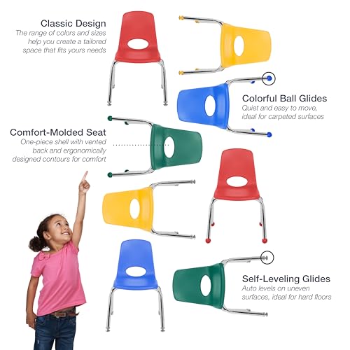 Image of Factory Direct Partners 16 inch School Chairs, Stackable Kids Classroom Chair, Set of 6 Stacking Student Chair with Ball Glides For 4th-6th Grade, Elementary, Middle & After-School, Assorted Colors