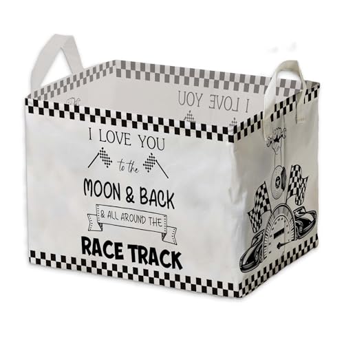 Image of Race Car Storage Basket for Boys, Boys Checkered Basket, Race Flag Kids Baby Storage Bin Toy, Car Themed Room Decor for Nursery, Large Squarecanvas Laundry Hamper With A Waterproof PECoating, Foldable