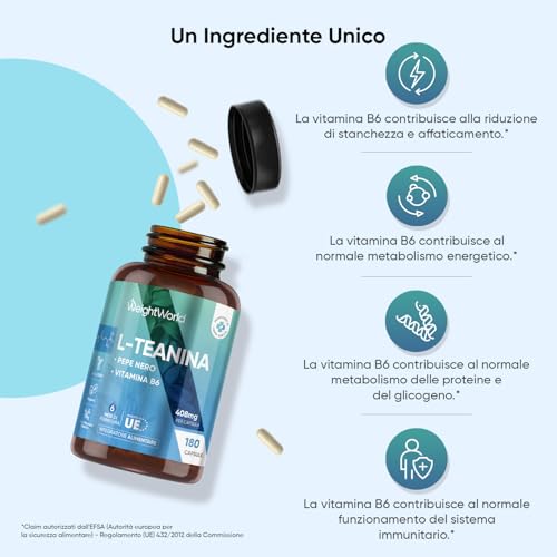 L-Teanina con Melissa 500mg Senza Magnesio Stearato, 180 Capsule L-Teanina Vegan (6 Mesi), Aminoacido del Tè Verde, L-Theanine Pura Estratta dalla Camellia Sinensis, L Teanina Integratore Senza OGM - 6
