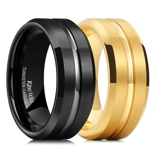 Image of King Will Tungsten Carbide Wedding Band for Men Women-6 /8 /10mm Width Multicolor Available with Grooved Center Wedding Ring Suitable for Work, Gym Comfort Fit Size 4-16