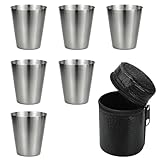 XHNKEG 6 Stück Edelstahl Schnapsbecher, 30ML Edelstahl Becher mit 1 Leder-Tasche Edelstahlbecher Camping Becher Tragbar Metallbecher für Wandern Picknick Outdoor Urlaub