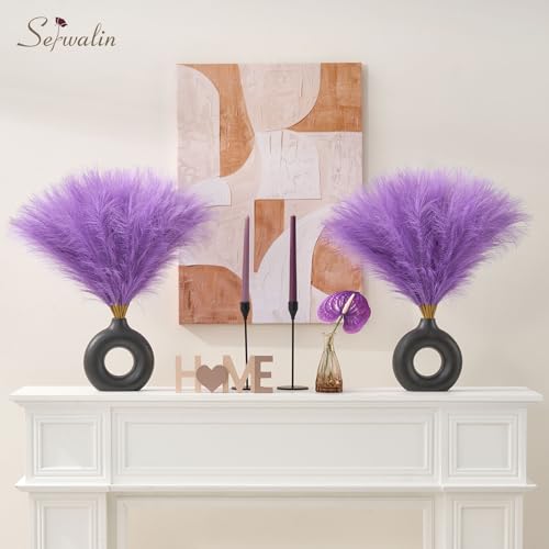 Image of Serwalin 6PCS Pampas Grass Decor, 17.7Inch Purple Artificial Pampas Grass Fluffy Fake Pompas Vase Filler Flower Arrangement for Home Wedding Decor