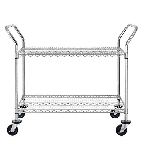 Finnhomy 2-Tier Commercial Grade Rolling Cart, Heavy Duty Utility Cart, Carts With Wheels And Double Side Handles, Kitchen Cart Trolley On Wheels, Metal Serving Cart With 600 Lbs Capacity, Nsf Listed #TOP5
