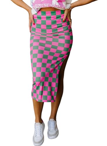Women's High Waist Plaid Midi Skirt - Vintage Checkered Pencil Skirt with Side Slit