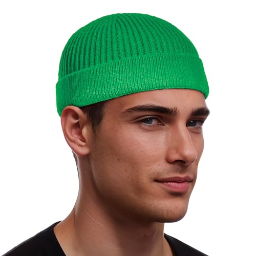 Dumrotite Swag Wool Short Fisherman Beanie for Men Women, Knit Cuff Trawler Beanie Watch Hat, Soft Spring Fall Skull Cap Unisex Green