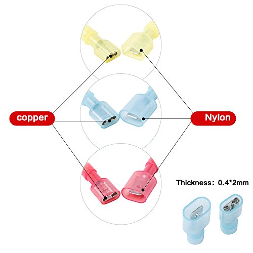 Onite 100Pcs Wire Connectors, (Red 22-16Awg, Blue 16-14Awg, Yellow 10-12Awg), Fully Insulated Male & Female Spade Nylon Quick Disconnect Electrical Crimp Cold-Pressed Terminals Assortment Kit #TOP2