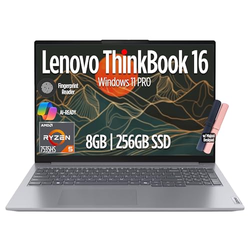 Lenovo ThinkBook 16 Gen 7 Business Laptop, 16" FHD+ Display, AMD Ryzen 5 7535HS (> i7-1355U), 8GB DDR5 RAM, 256GB SSD, KB Backlit, Webcam, Ethernet, Wi-Fi 6, Windows 11 Pro w/Copilot, MAJ DESKPAD