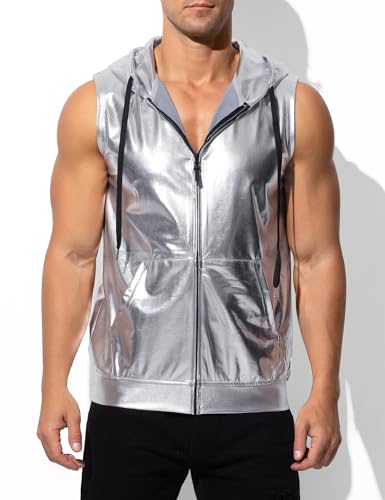 Arjen Kroos Men's Metallic Hoodie Vest Sequin Zip Up Sleeveless Rave Disco Shiny T Shirt with Pockets3